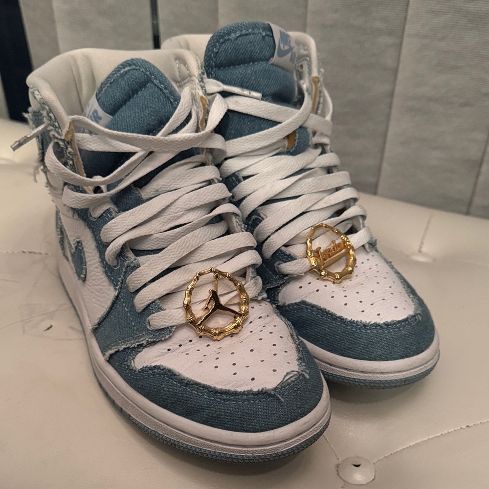 Nike Denim Blue and White High-Tops with Gold Details